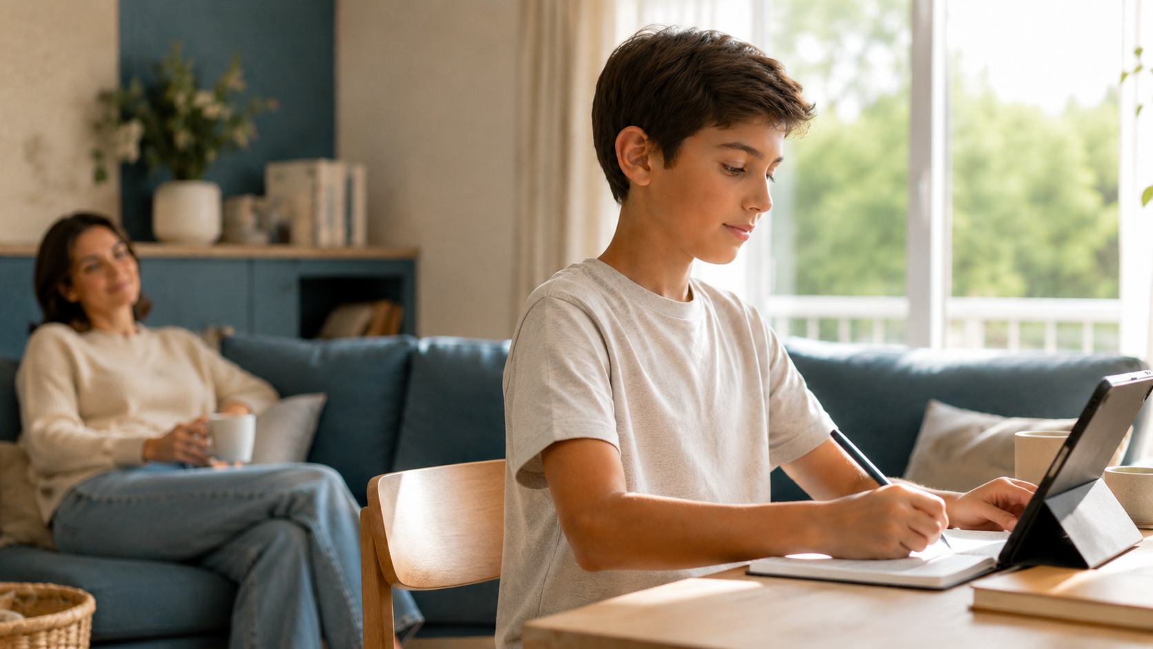 A child sitting naturally upright while studying as his mother relaxes nearby