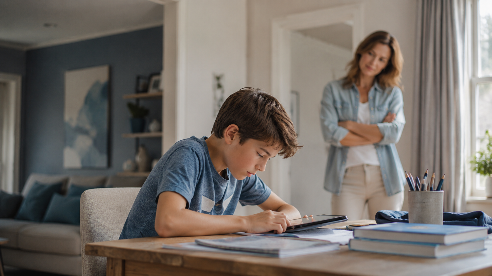 A child slouching over a tablet while his mother notices from the background