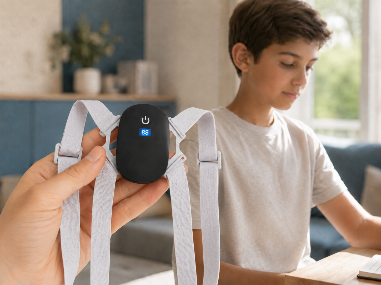 The Strova smart posture trainer held in a hand with a child in the background