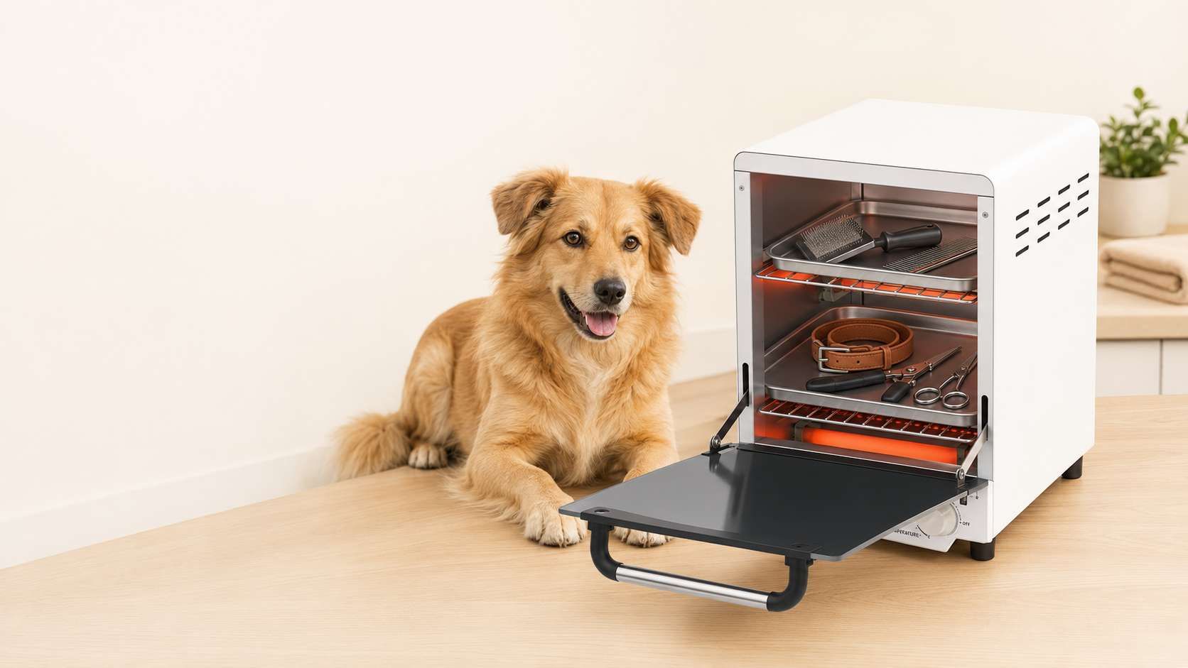 Strova dry-heat dog gear sanitizer beside a dog